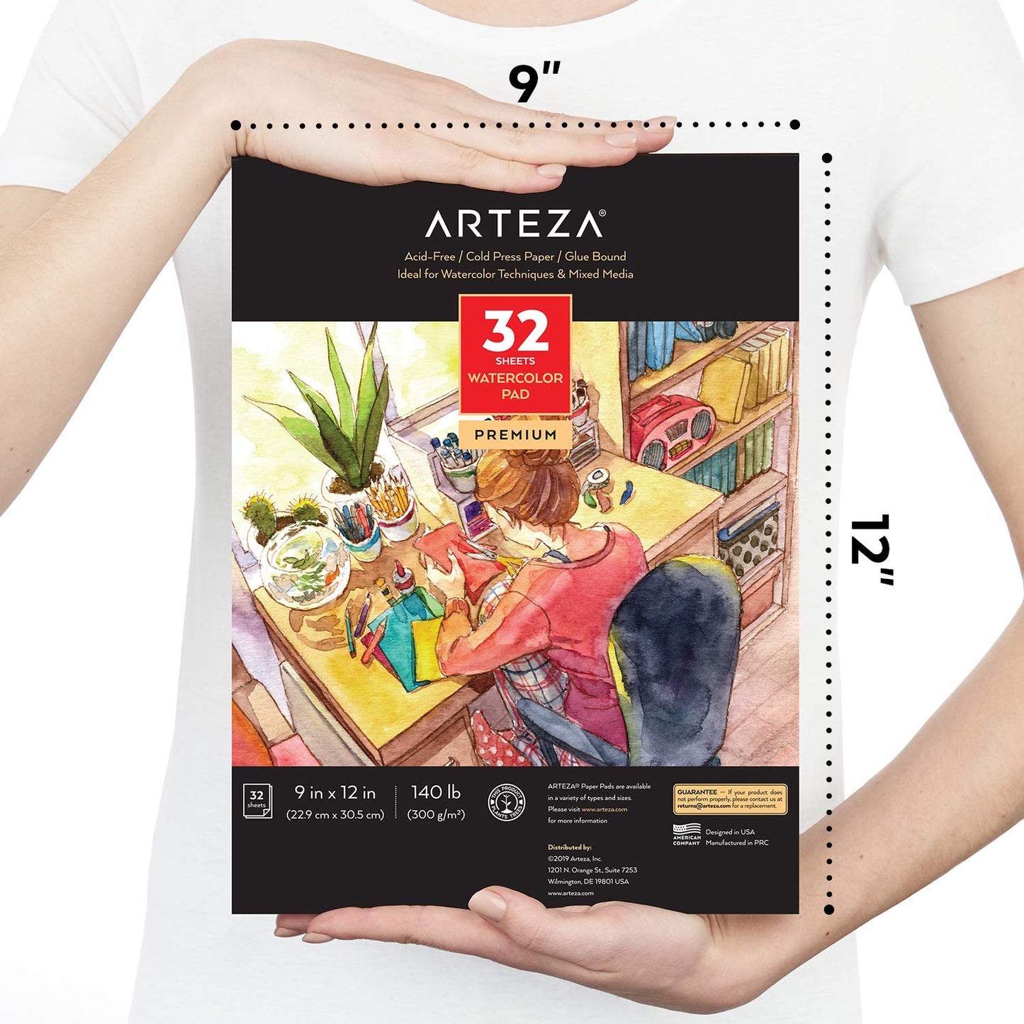 Arteza Premium Watercolor Pad, Cold-Pressed, 9" x 12", 32 Sheets - Pack of 2