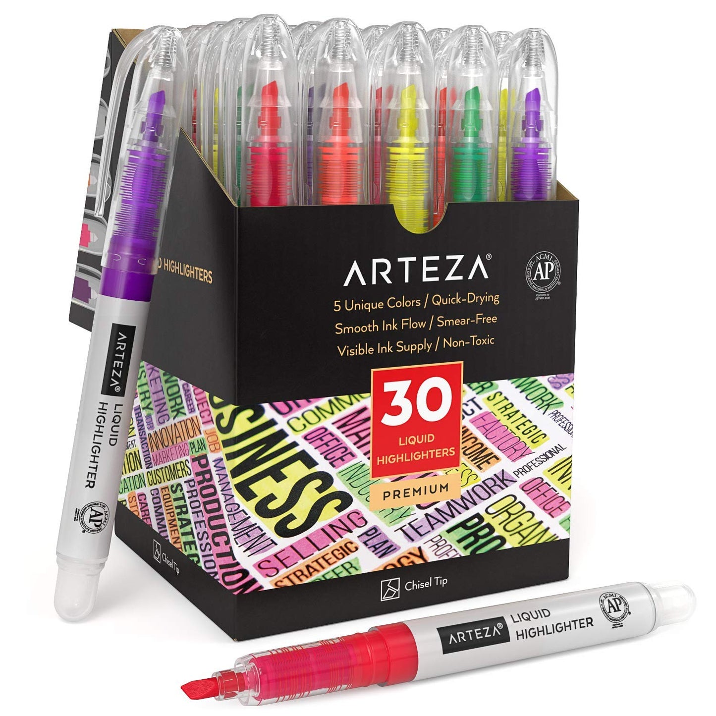 Arteza Liquid Highlighters, 5 Assorted Colors - Set of 30