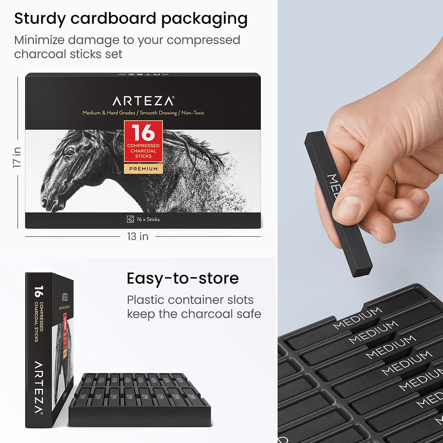 Arteza Compressed Charcoal, Medium & Hard Grade- Set of 16