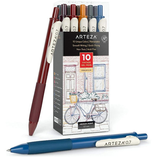 Arteza Retractable Gel Ink Pens, Vintage Colors - Set of 10