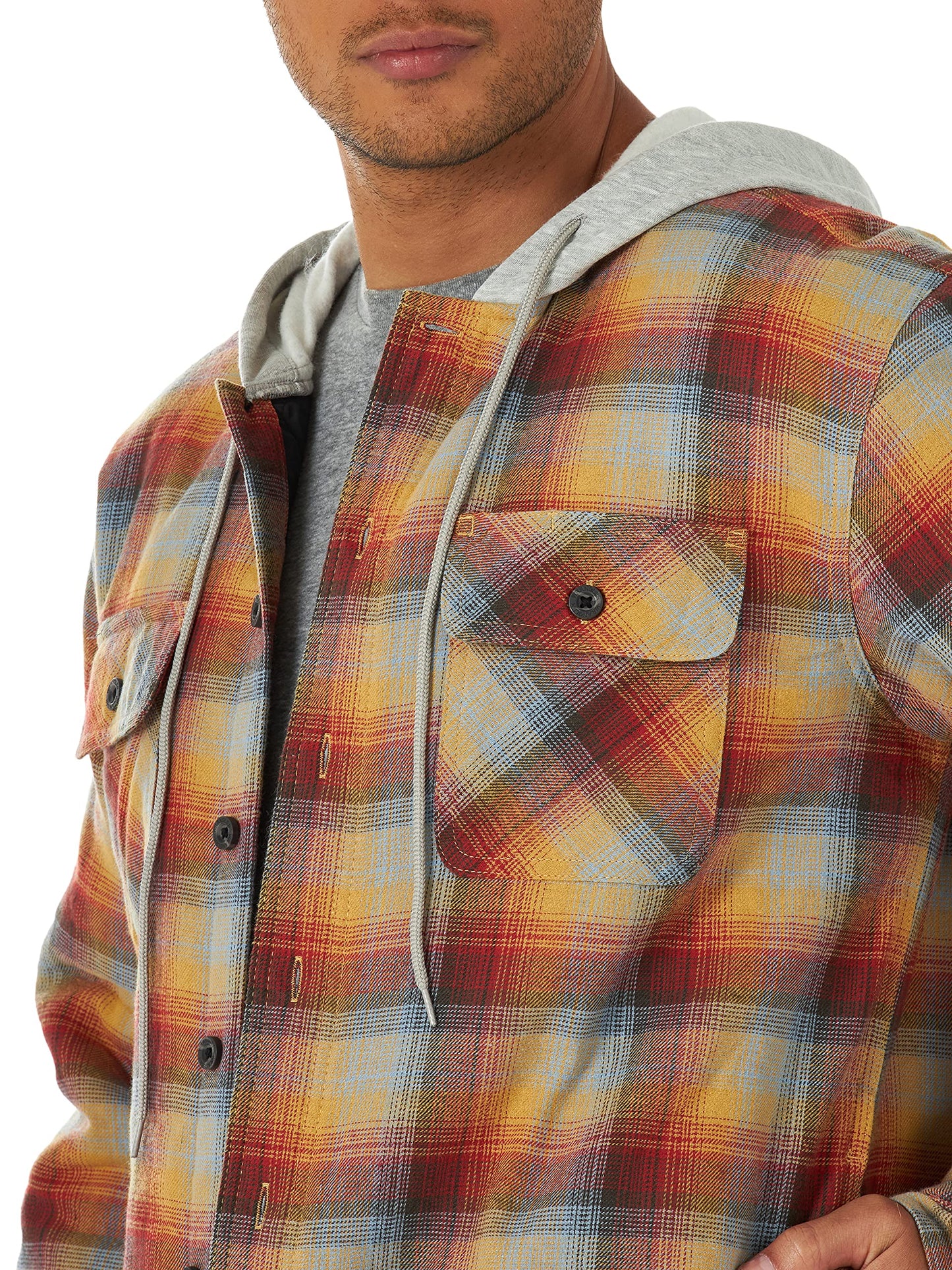 Wrangler Authentics Men's Long Sleeve Quilted Lined Flannel Shirt Jacket with Hood, Red/Yellow, Large