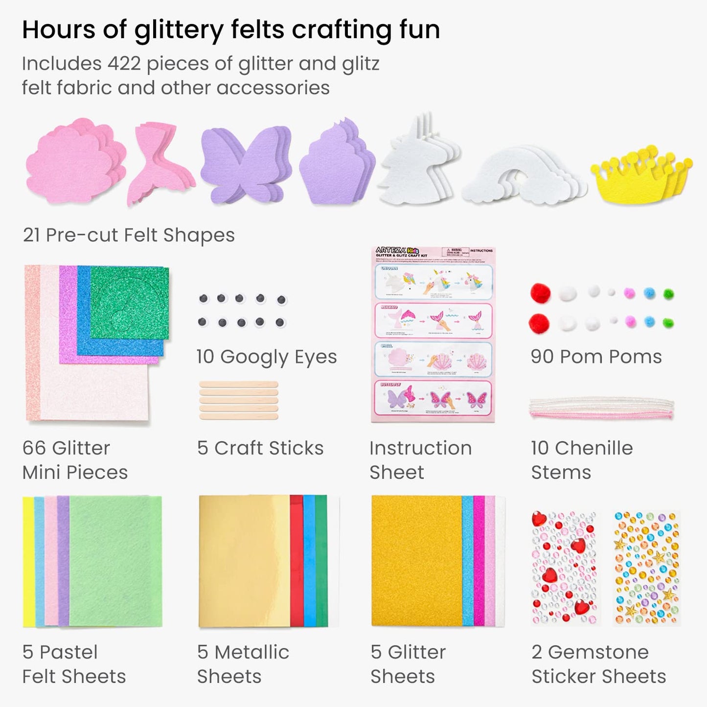 Arteza Kids Felt Craft Kit, Glitter & Glitz