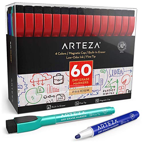 Arteza Dry Erase Markers with Magnetic Eraser Caps, Fine Tip, 4 Assorted Colors - Set of 60