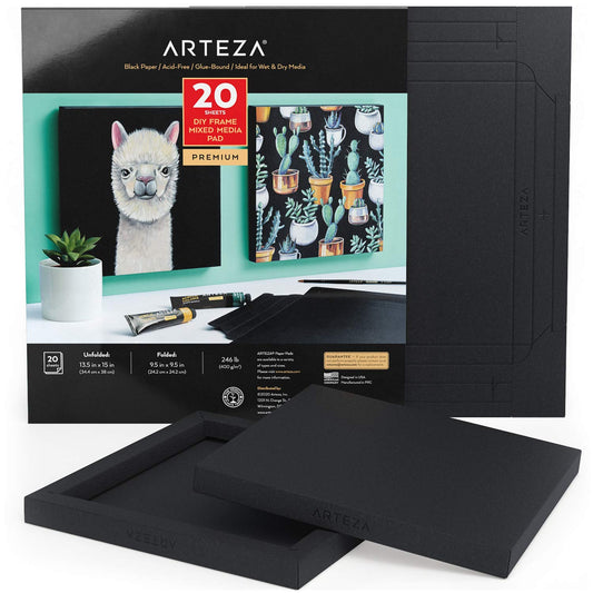 Arteza DIY Foldable Canvas Frame, Black, Mixed Media, 9.5" x 9.5" - 20 Sheets