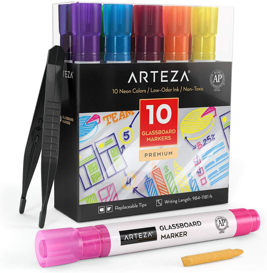 Arteza Glassboard Markers, Assorted Colors - Set of 10