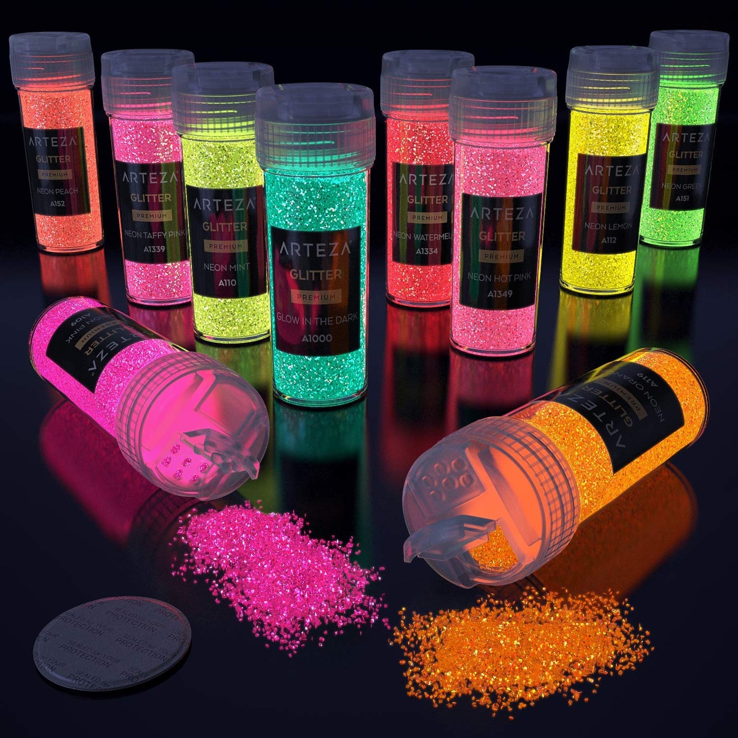 Arteza Extra Fine Glitter, Neon & Holographic - Set of 54