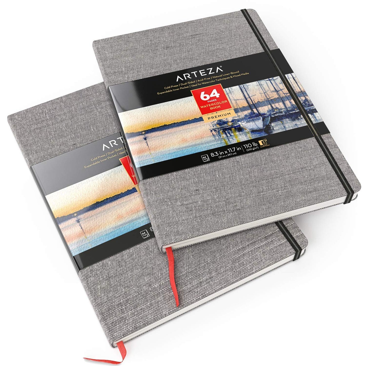 Arteza Watercolor Book, Gray Hardcover, 8" x 12", 64 Pages - Pack of 2