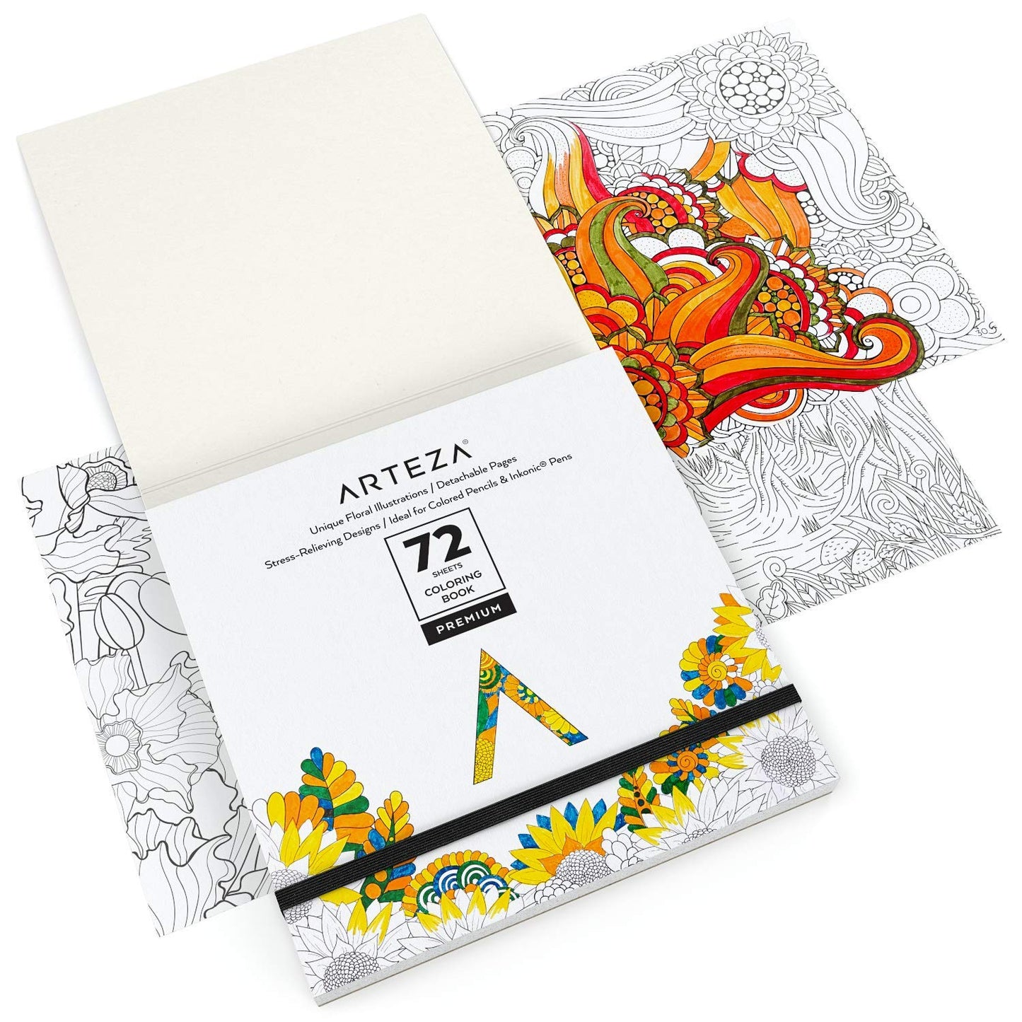 Arteza Coloring Book, Floral Illustrations, 72 Sheets