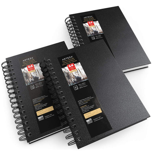 Arteza Watercolor Book, Spiral-Bound Black Hardcover, 5.5" x 8.5", 64 Pages - Pack of 3