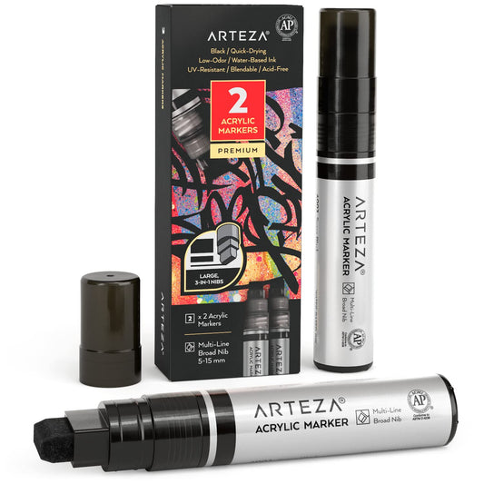Arteza Acrylic Markers, Black, Multi-Line Broad Nib - 2 Pack