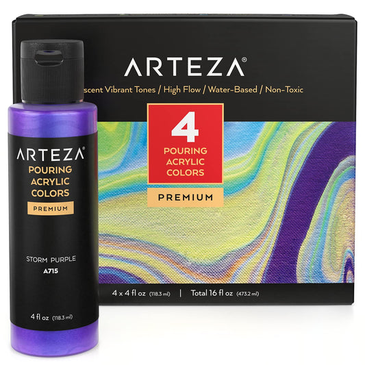 Arteza Pouring Acrylic Paint, Iridescent Vibrant Tones, 4oz Bottles - Set of 4