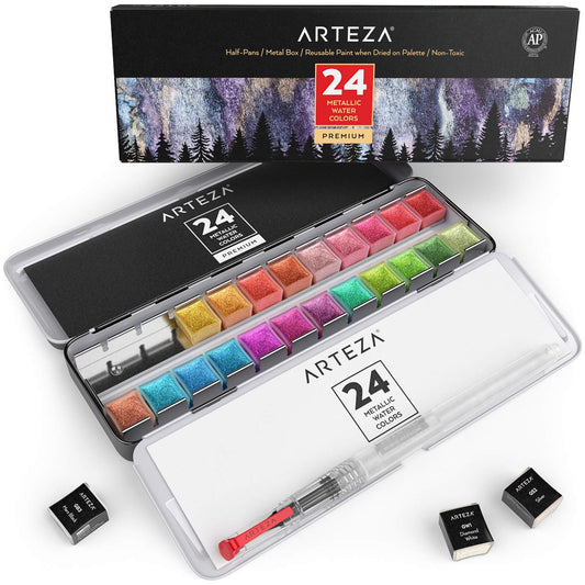 Arteza Metallic Watercolor Paint, Half-Pans - Set of 24