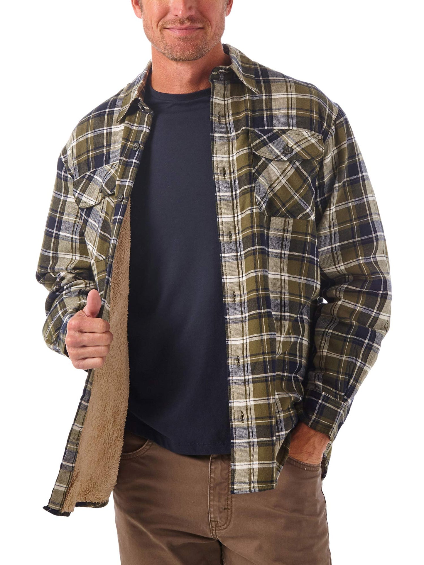 Wrangler Authentics Men's Long Sleeve Sherpa Lined Shirt Jacket, Olive Sky, XX-Large