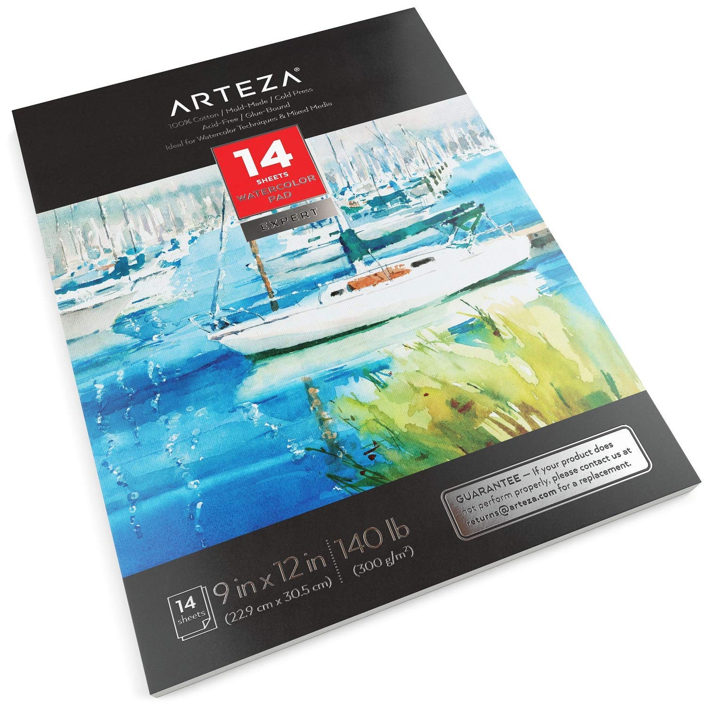 Arteza Expert Watercolor Pad, 100% Cotton, Cold-Pressed, 9" x 12", 14 Double-Sided Sheets