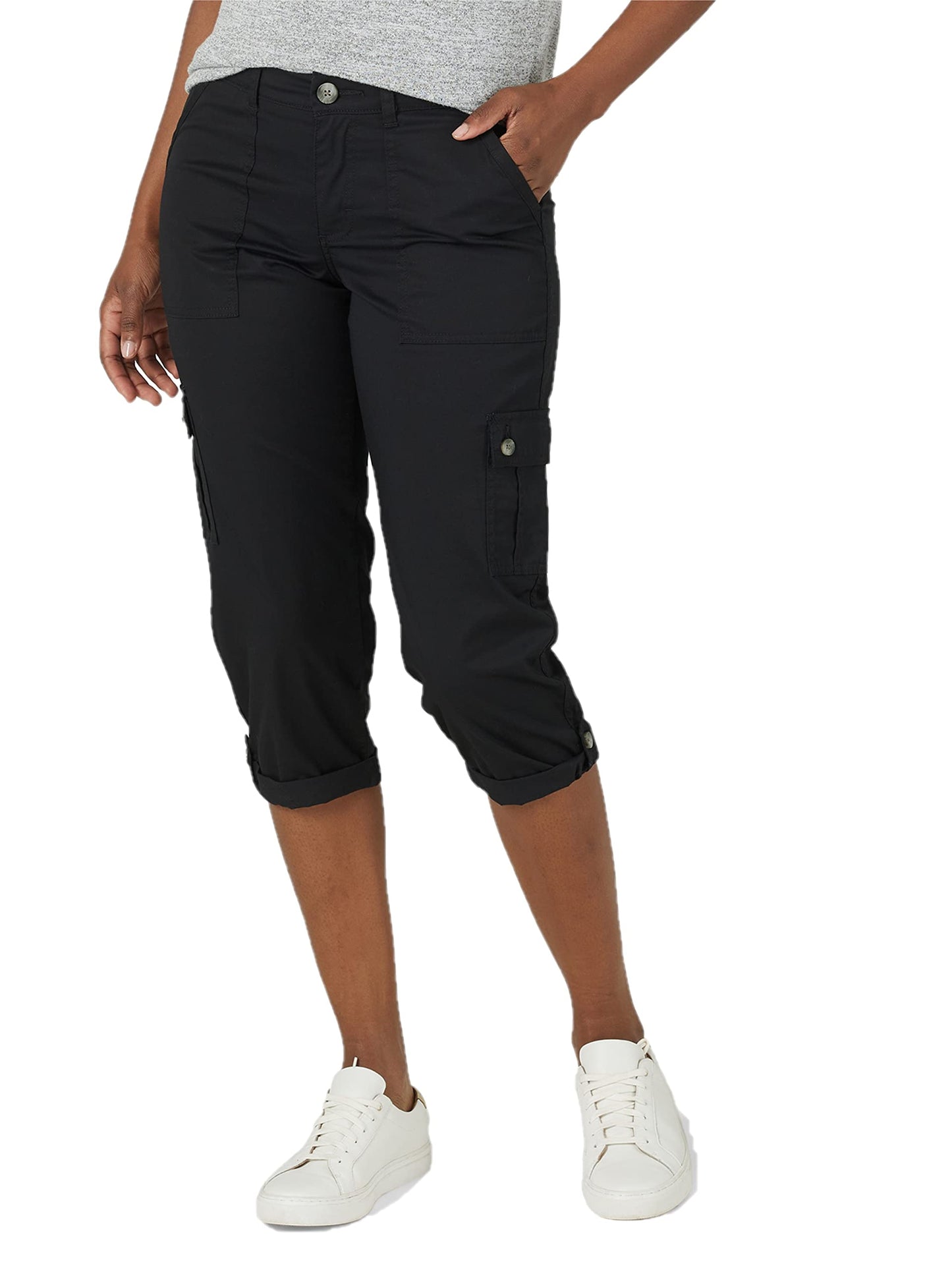 Lee Women's Flex-to-Go Mid-Rise Relaxed Fit Cargo Capri Pant, Black, 14