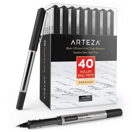 Arteza Roller Ball Pens, Black, 0.5mm Nib - Set of 40