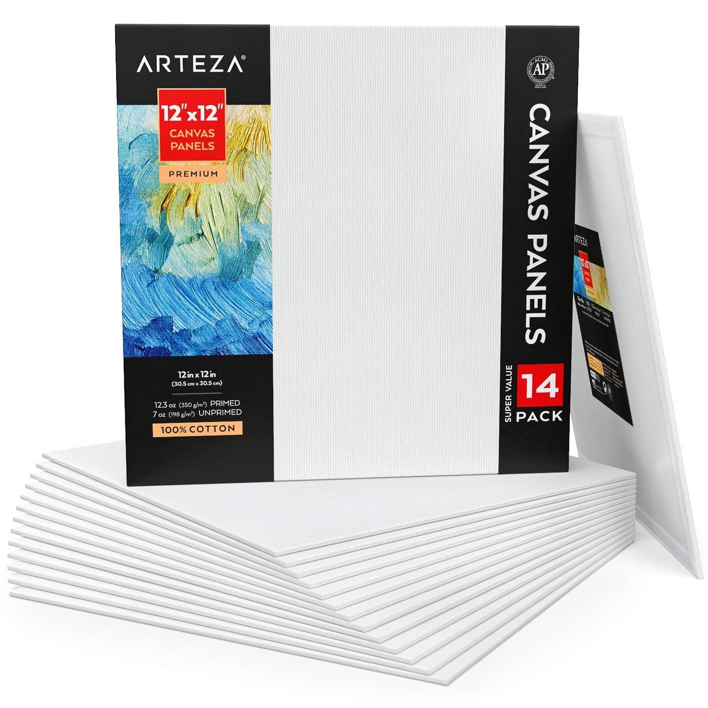 Arteza Premium Canvas Panels, 12" x 12" - Pack of 14