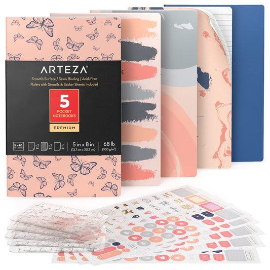 Arteza Pocket Notebooks, Butterflies, 5" x 8” - Set of 5