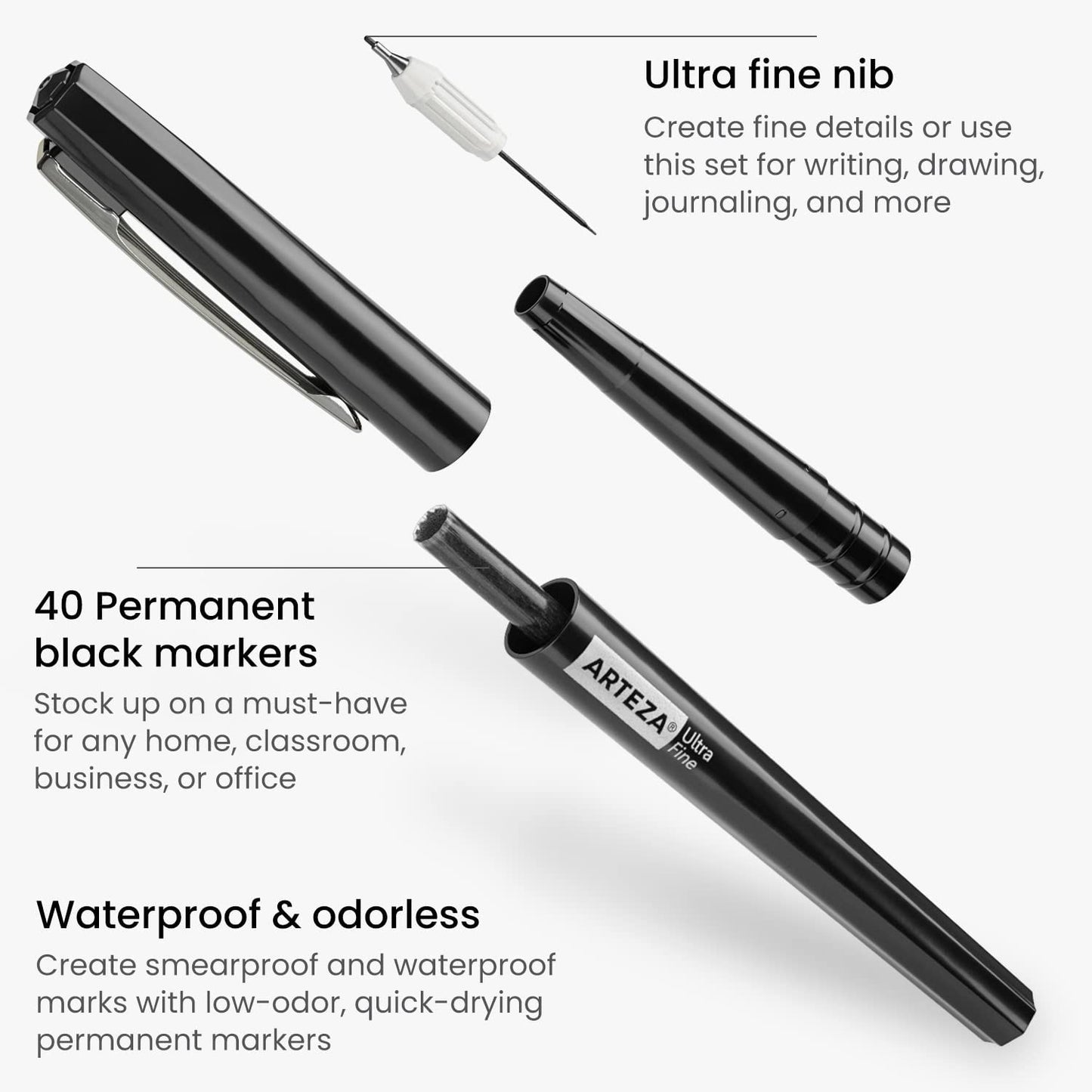 Arteza Permanent Markers, Black, Ultra Fine Tip - Set of 40