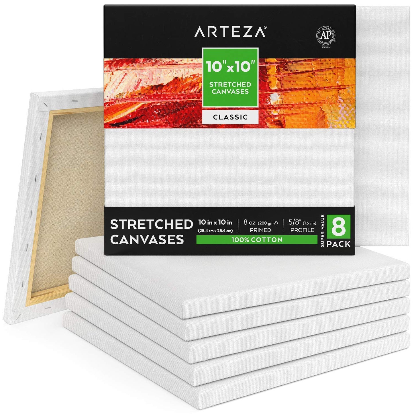 Arteza Classic Stretched Canvas, 10" x 10" - Pack of 8