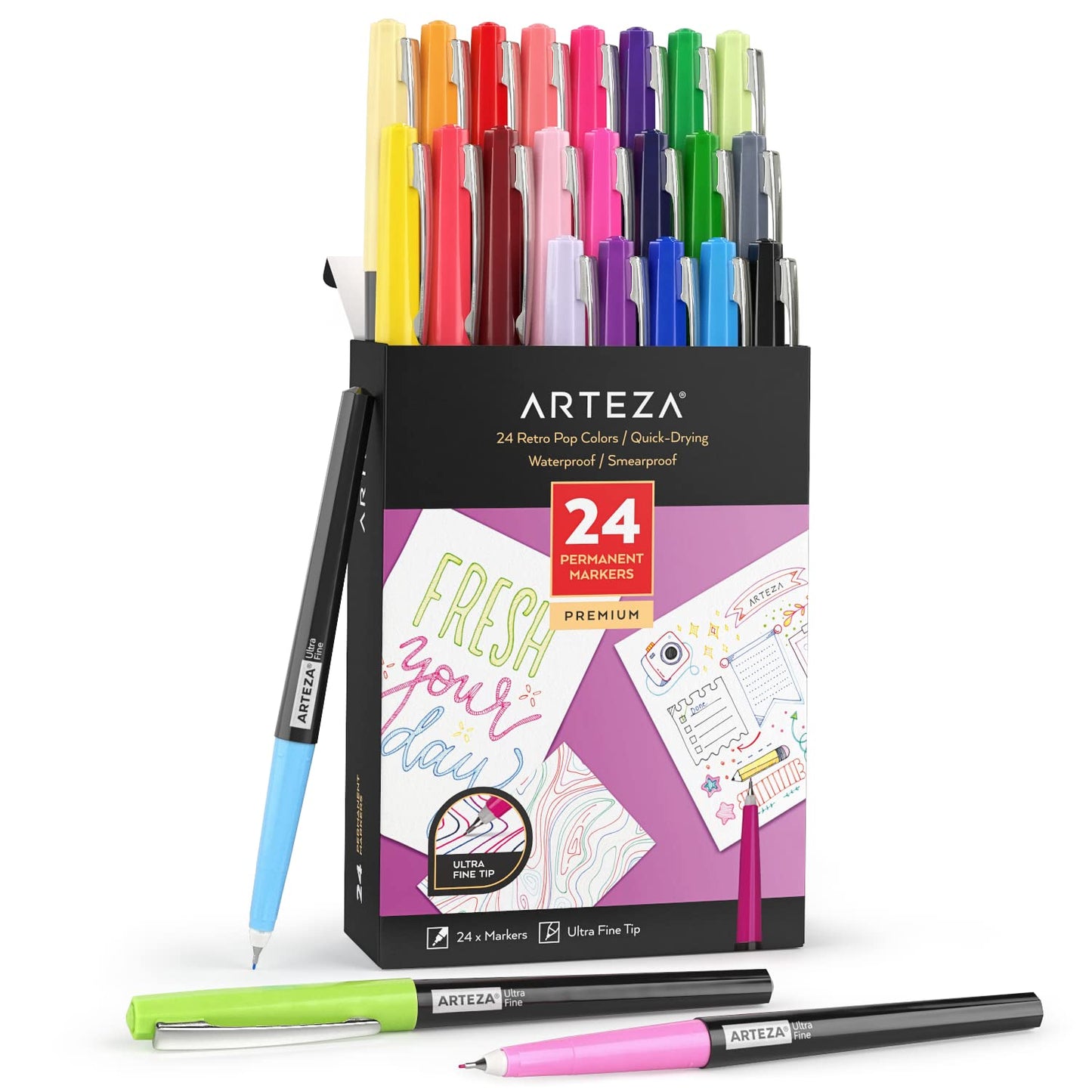 Arteza Permanent Markers, Retro Pop Colors, Ultra Fine Tip - Set of 24