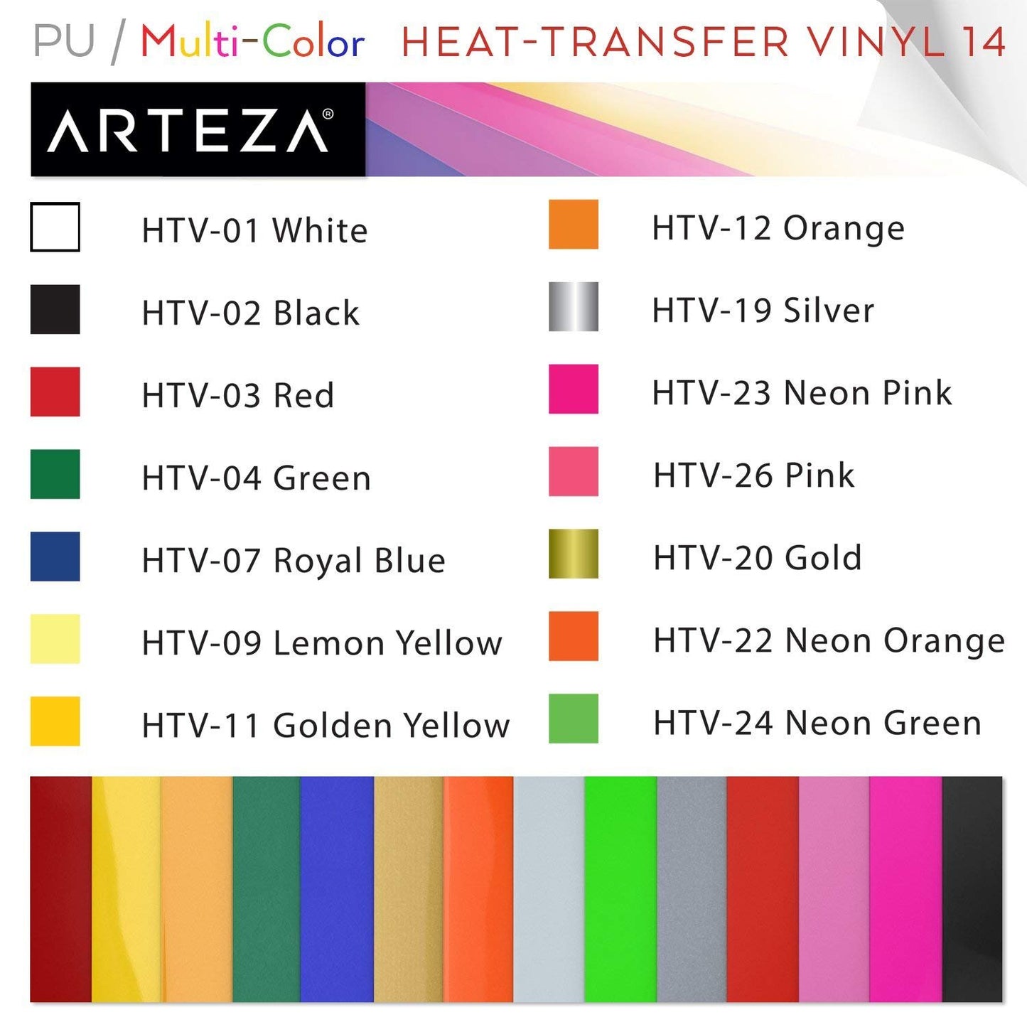 Arteza Heat Transfer Vinyl, Assorted Colors, 10" x 12” Sheets - Pack of 14