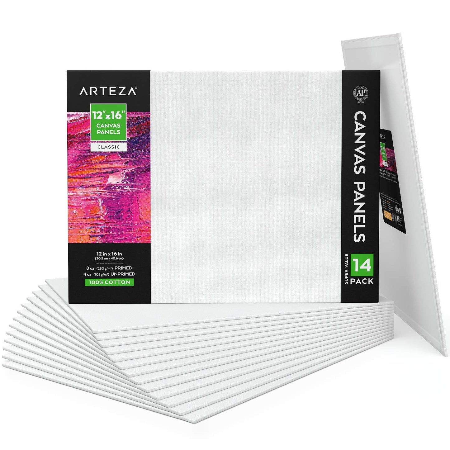 Arteza Classic Canvas Panels, 12" x 16" - Pack of 14