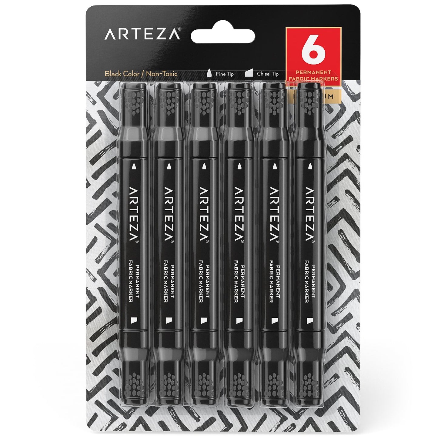 Arteza Fabric Markers, Black, Chisel & Fine Tip Dual-Tip - Pack of 6