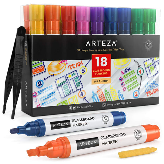 Arteza Glassboard Markers, Classic & Neon Colors - Set of 18