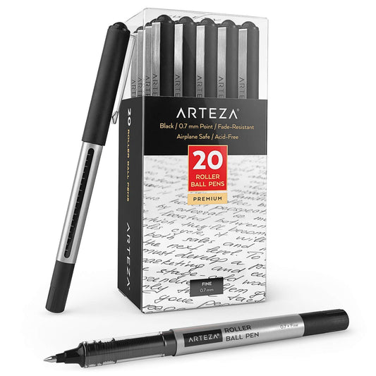 Arteza Roller Ball Pens, Black, 0.7mm Nib - 20 Pack