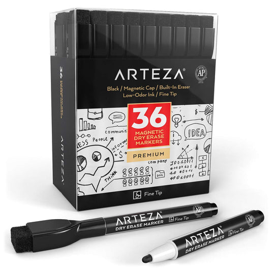 Arteza Dry Erase Markers with Magnetic Eraser Caps, Black, Fine Tip- 36 Pack