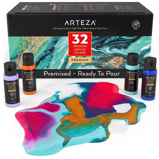 Arteza Pouring Acrylic Paint, 2oz Bottles - Set of 32