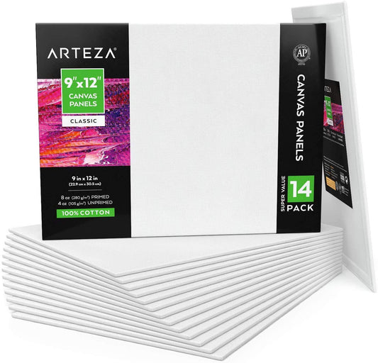 Arteza Classic Canvas Panels, 9" x 12" - Pack of 14