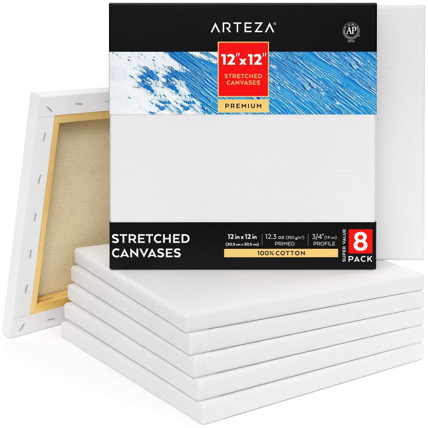 Arteza Premium Stretched Canvas, 12" x 12" - Pack of 8