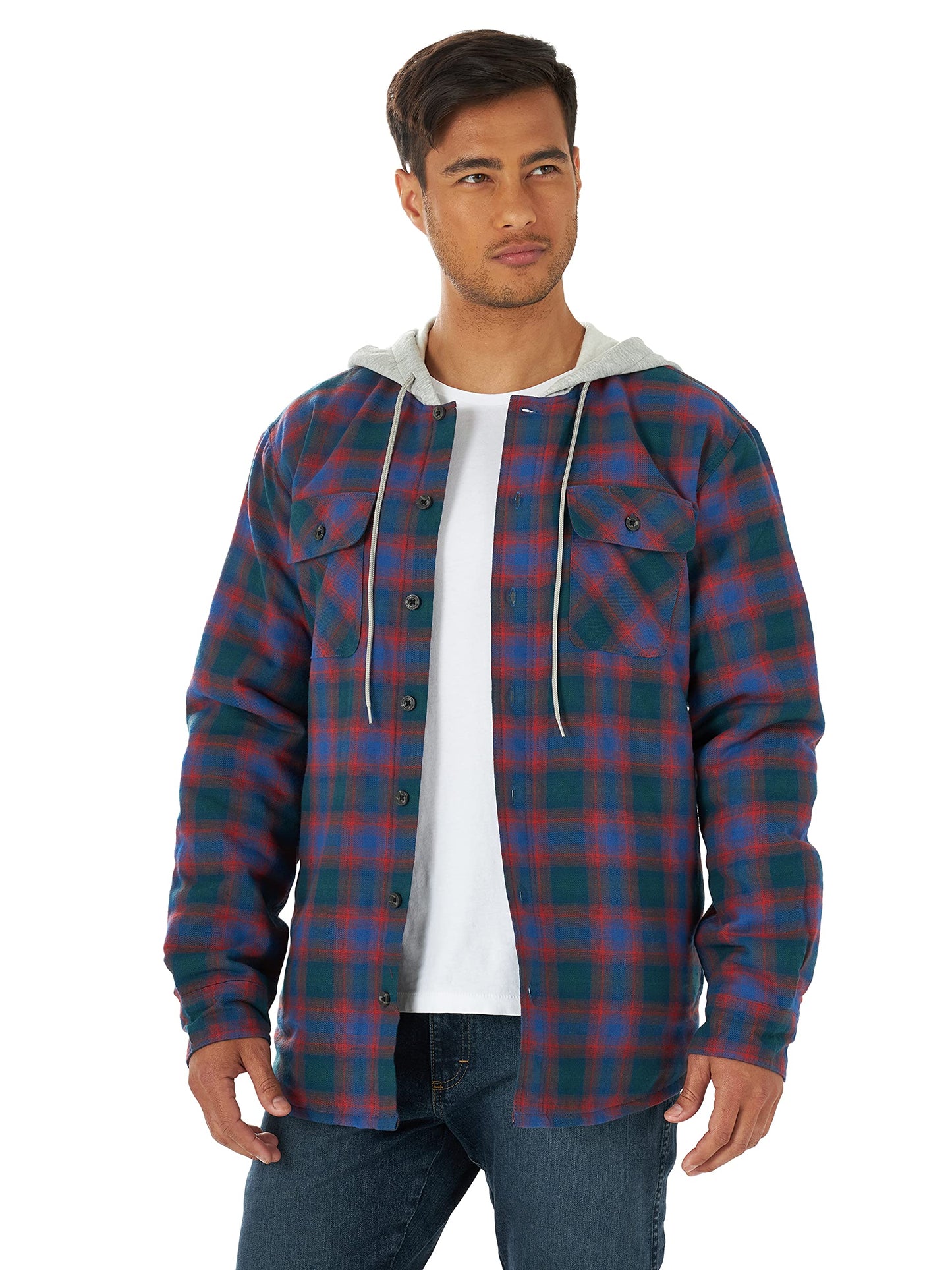 Wrangler Authentics Men's Long Sleeve Quilted Lined Flannel Shirt Jacket with Hood, Blue/Red, Medium