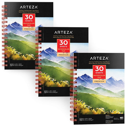 Arteza Watercolor Pad, 5.5" x 8.5", 30 sheets - Pack of 3