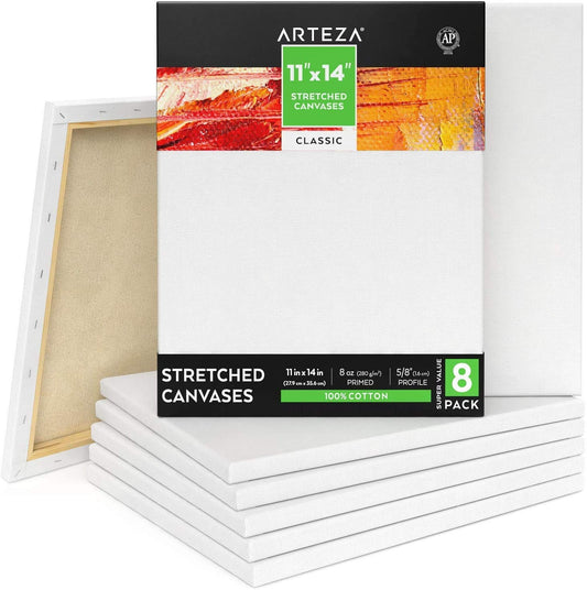 Arteza Classic Stretched Canvas, 11" x 14" - Pack of 8