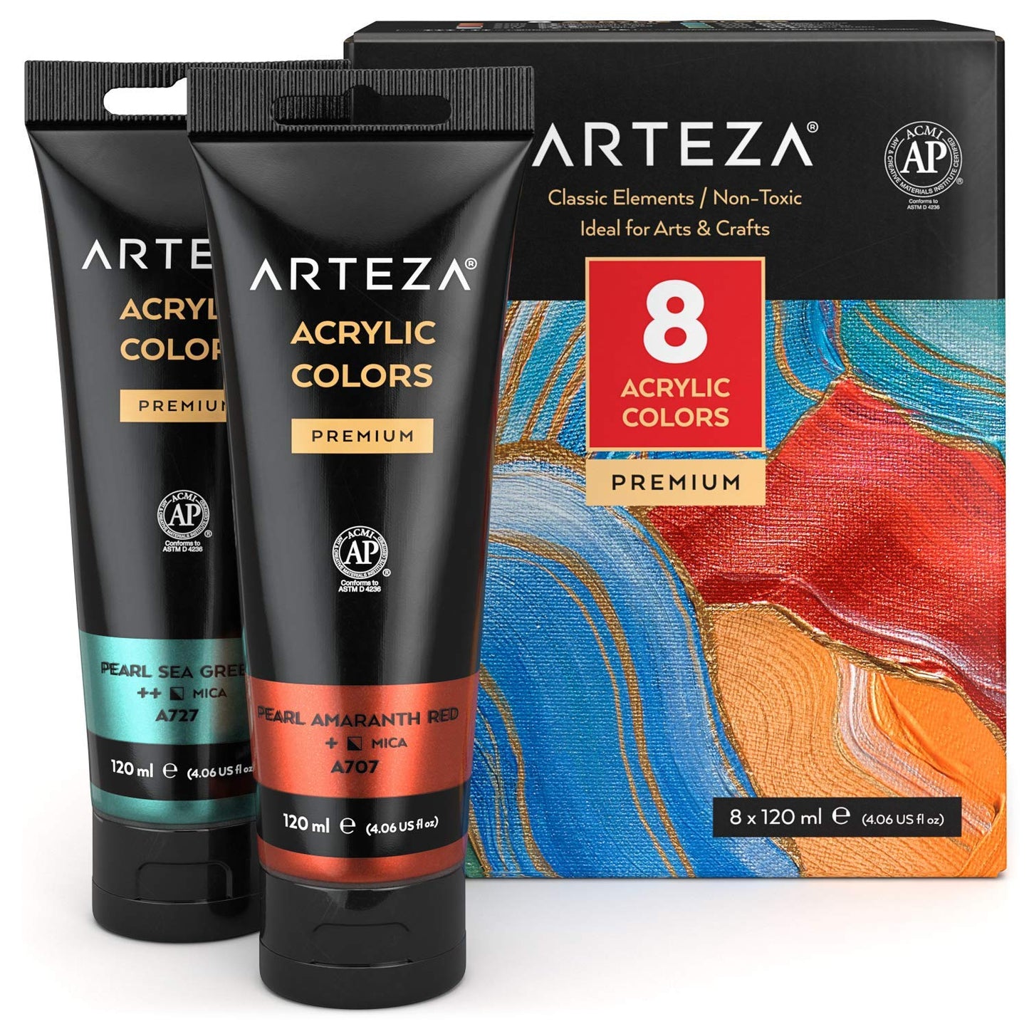 Arteza Metallic Acrylic Paint, Classic Elements, 4oz Tubes - Set of 8