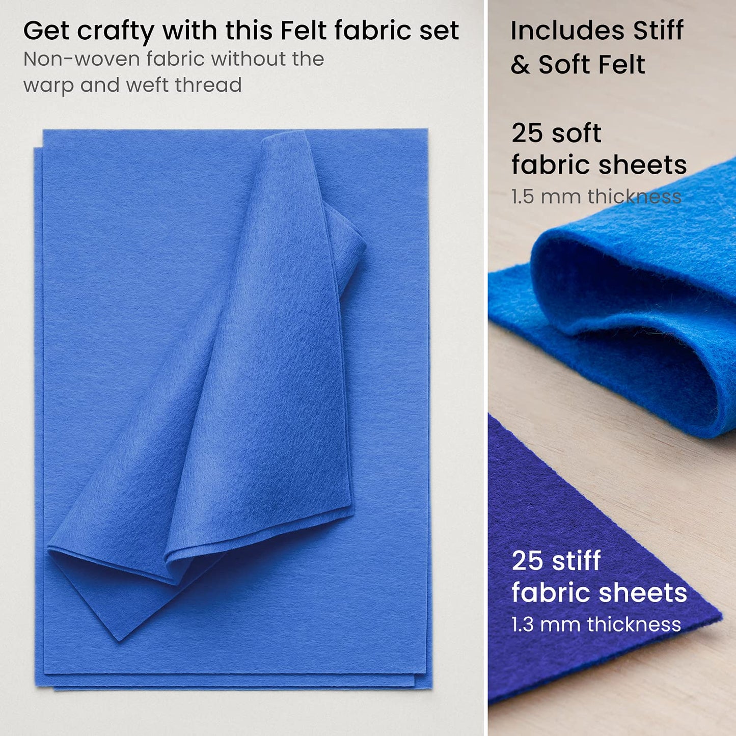 Arteza Stiff & Soft Felt Fabric, Blue Tones - Set of 50 Sheets
