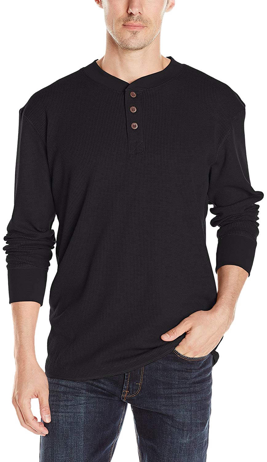 Wrangler Authentics Men's Long Sleeve Waffle Henley, Caviar, Large