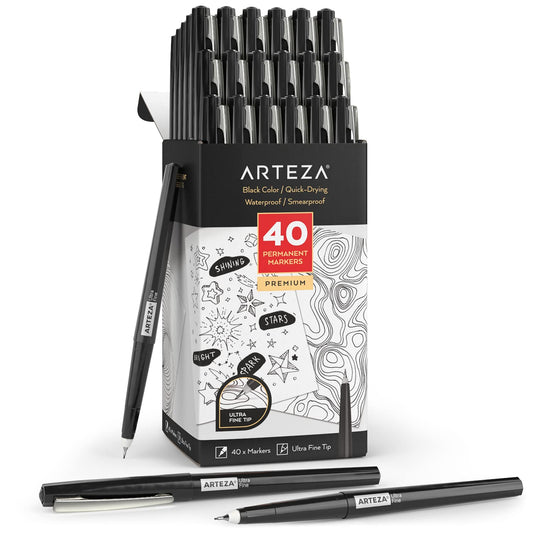 Arteza Permanent Markers, Black, Ultra Fine Tip - Set of 40