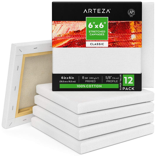 Arteza Classic Stretched Canvas, 6" x 6" - Pack of 12