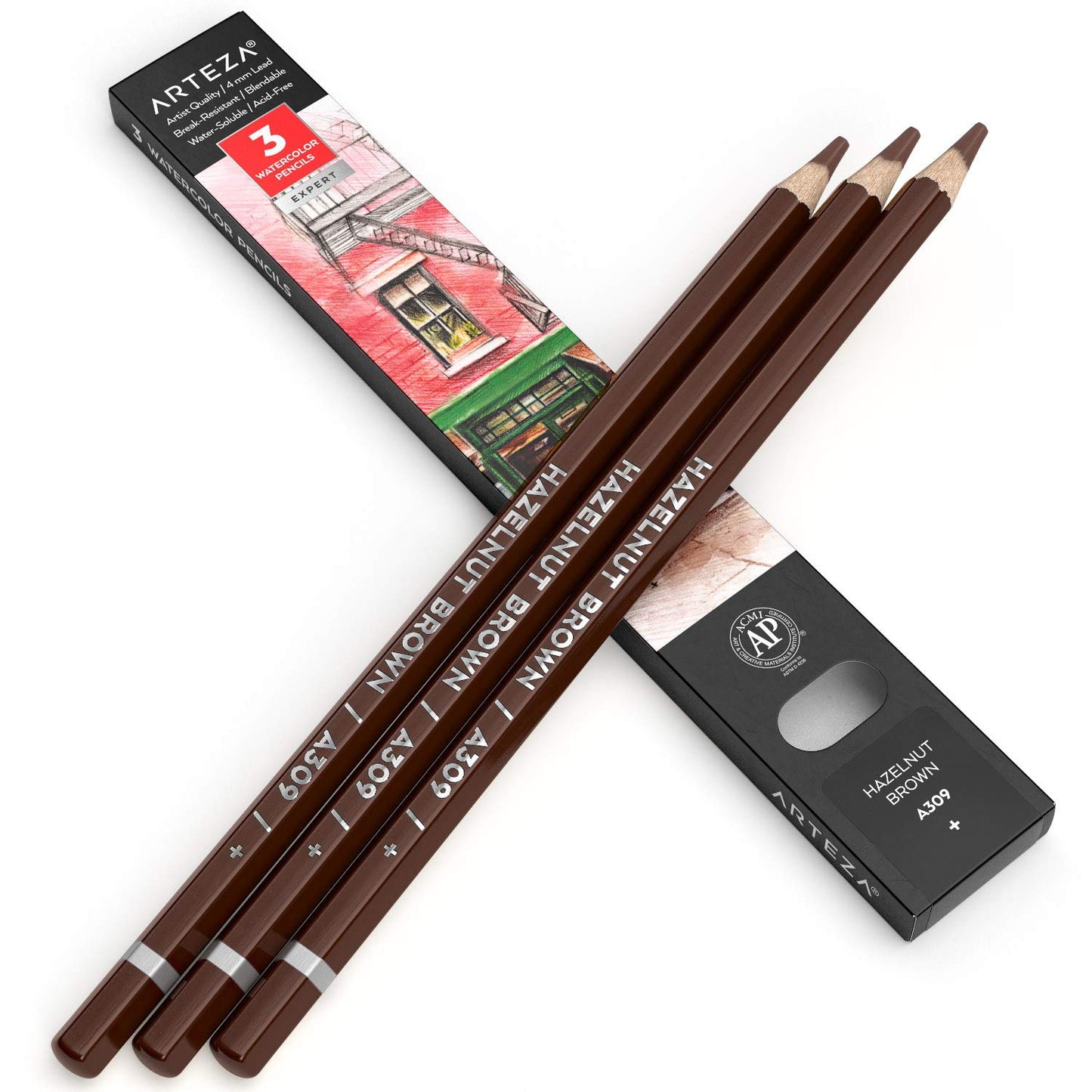 Arteza Expert Watercolor Pencil, A309 Hazelnut Brown - 3 Pack