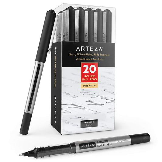 Arteza Roller Ball Pens, Black, 0.5mm Nib - Set of 20