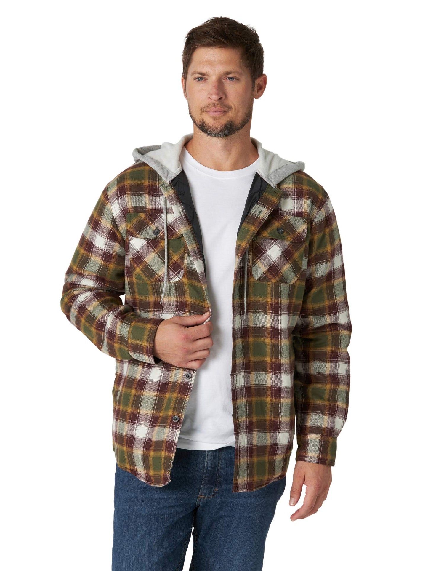 Wrangler Authentics Men's Long Sleeve Quilted Lined Flannel Shirt Jacket with Hood, Olive Night, Small