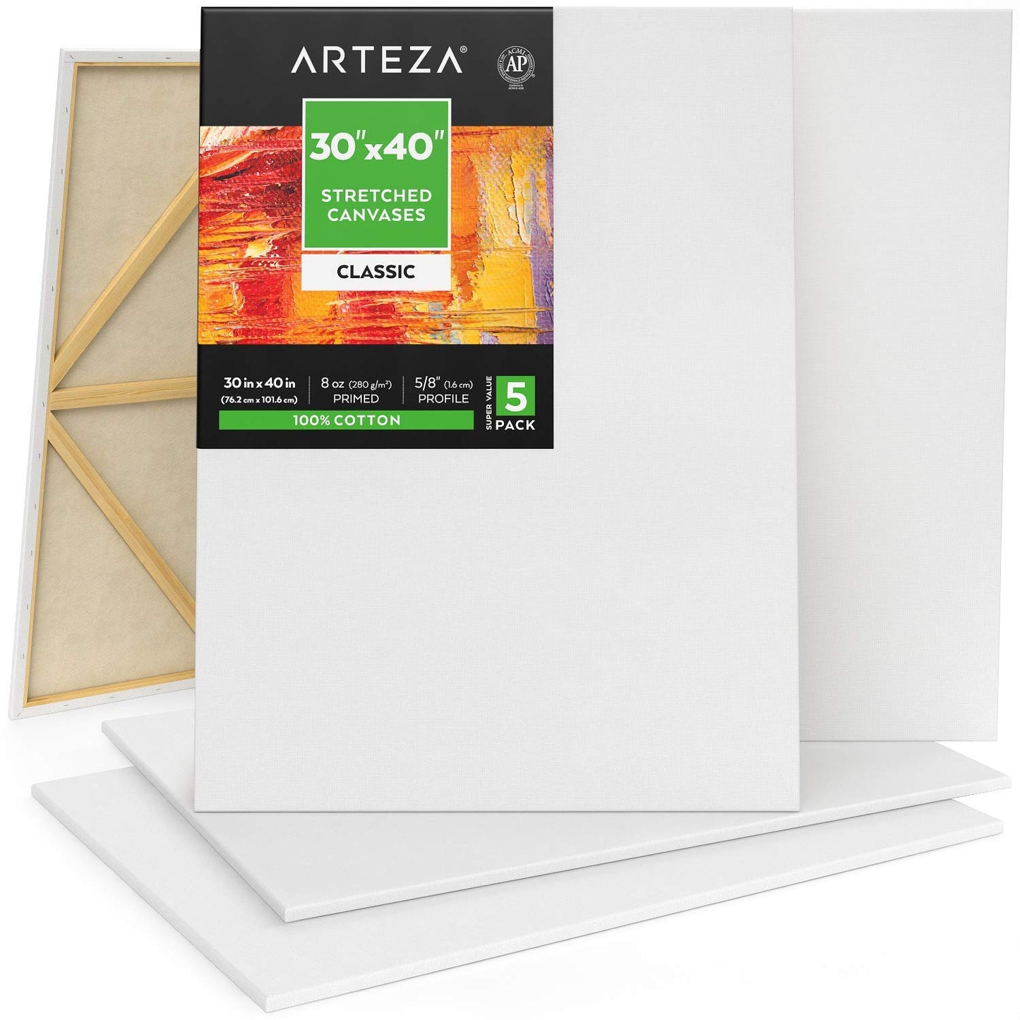 Arteza Classic Stretched Canvas, 30" x 40" - Pack of 5