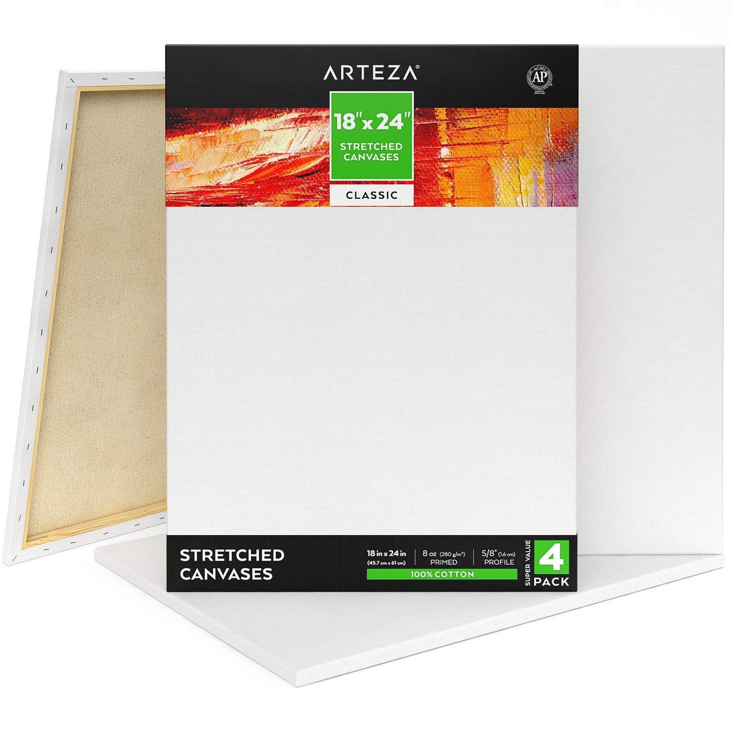 Arteza Classic Stretched Canvas, 18" x 24" - Pack of 4