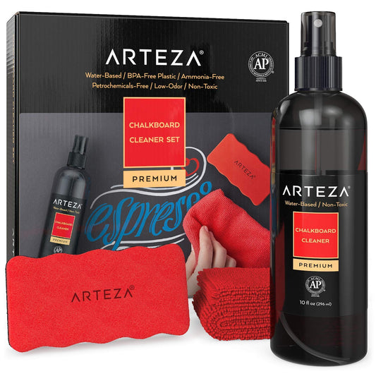 Arteza Chalkboard Cleaner Set with 10-Ounce Spray Bottle Cleaner, 1 Microfiber Fabric Towel & 1 Magnetic Eraser for Chalkboards, Blackboards & Glass Surfaces
