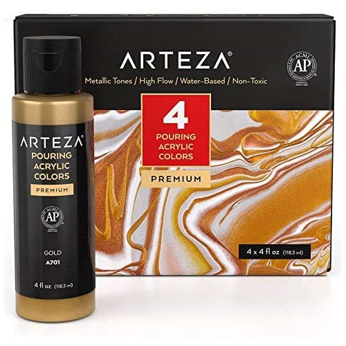 Arteza Pouring Acrylic Paint, Metallic, 4oz Bottles - Set of 4