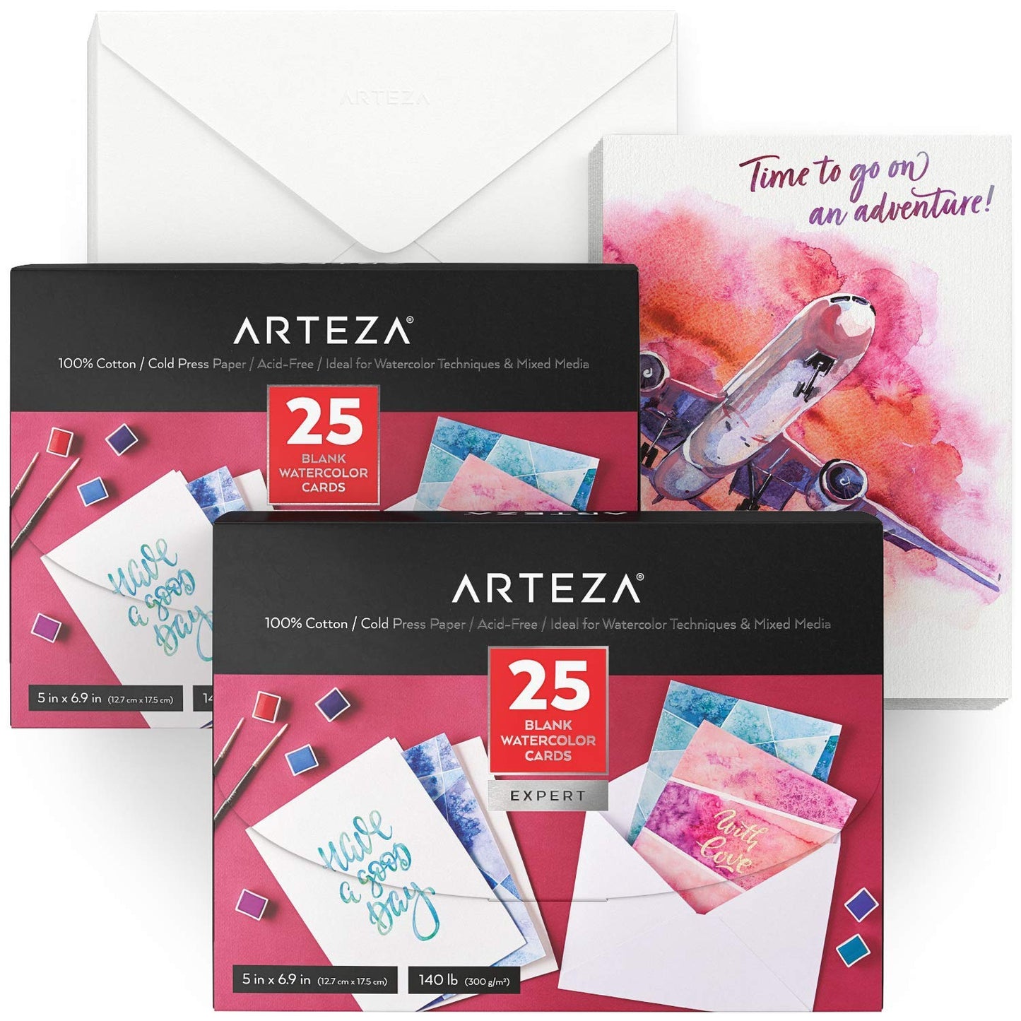 Arteza Expert Watercolor Cards & Envelopes, 100% Cotton, 5" x 7", 25 Sheets - Pack of 2